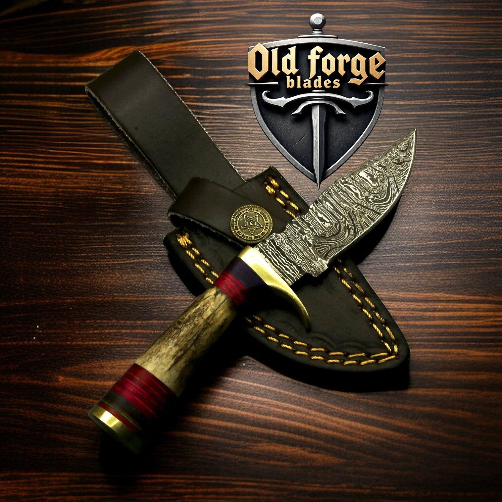 Custom Handmade Damascus Hunting Knife with Stag Antler Handle OLD FORGE BLADES