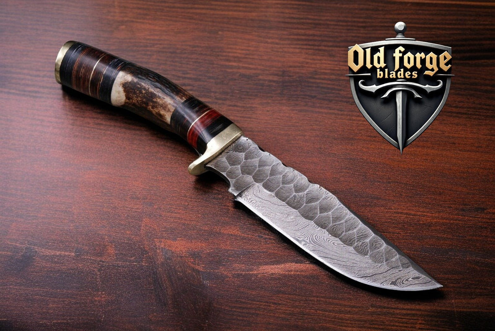 Custom Handmade Damascus Steel Bowie Knife with Deer Horn Handle – 12” Overall Length OLD FORGE BLADES