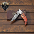 Damascus Pocket Knife – 3 Inch Liner Lock with Epoxy Resin Handle & Engraved Steel Bolster OLD FORGE BLADES