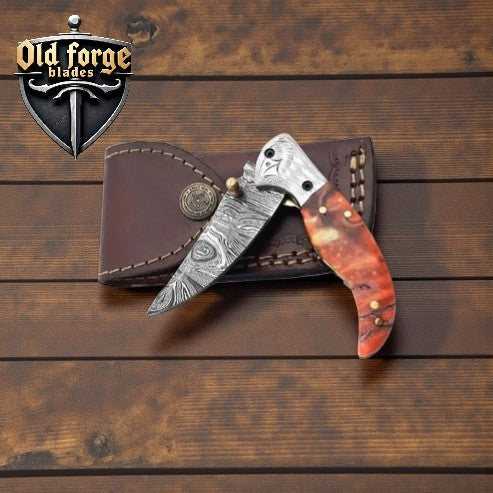 Damascus Pocket Knife – 3 Inch Liner Lock with Epoxy Resin Handle & Engraved Steel Bolster OLD FORGE BLADES