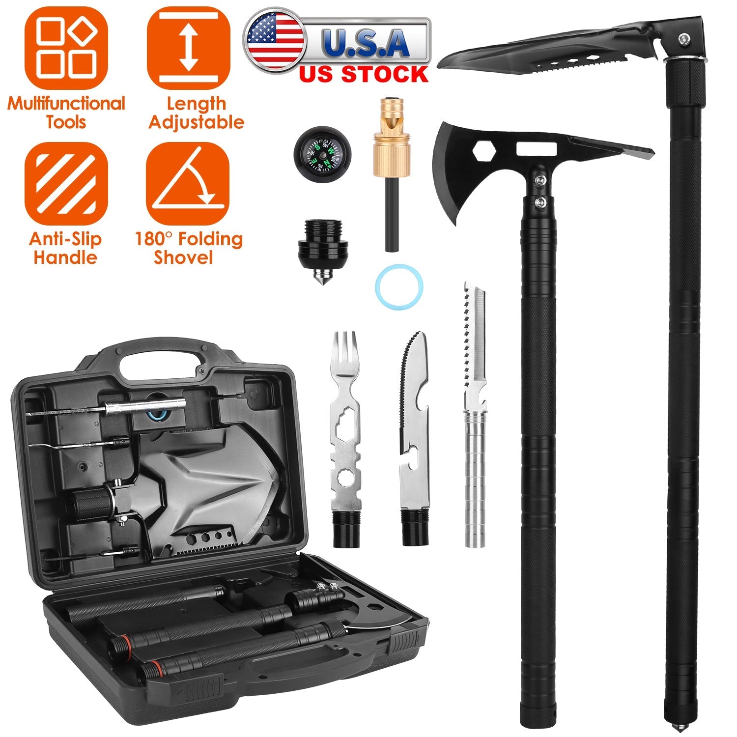 Multifunctional Shovel Axe Set Camping Survival Shovel Multitool Emergency Survival Gear with Extension Handles Carrying Box