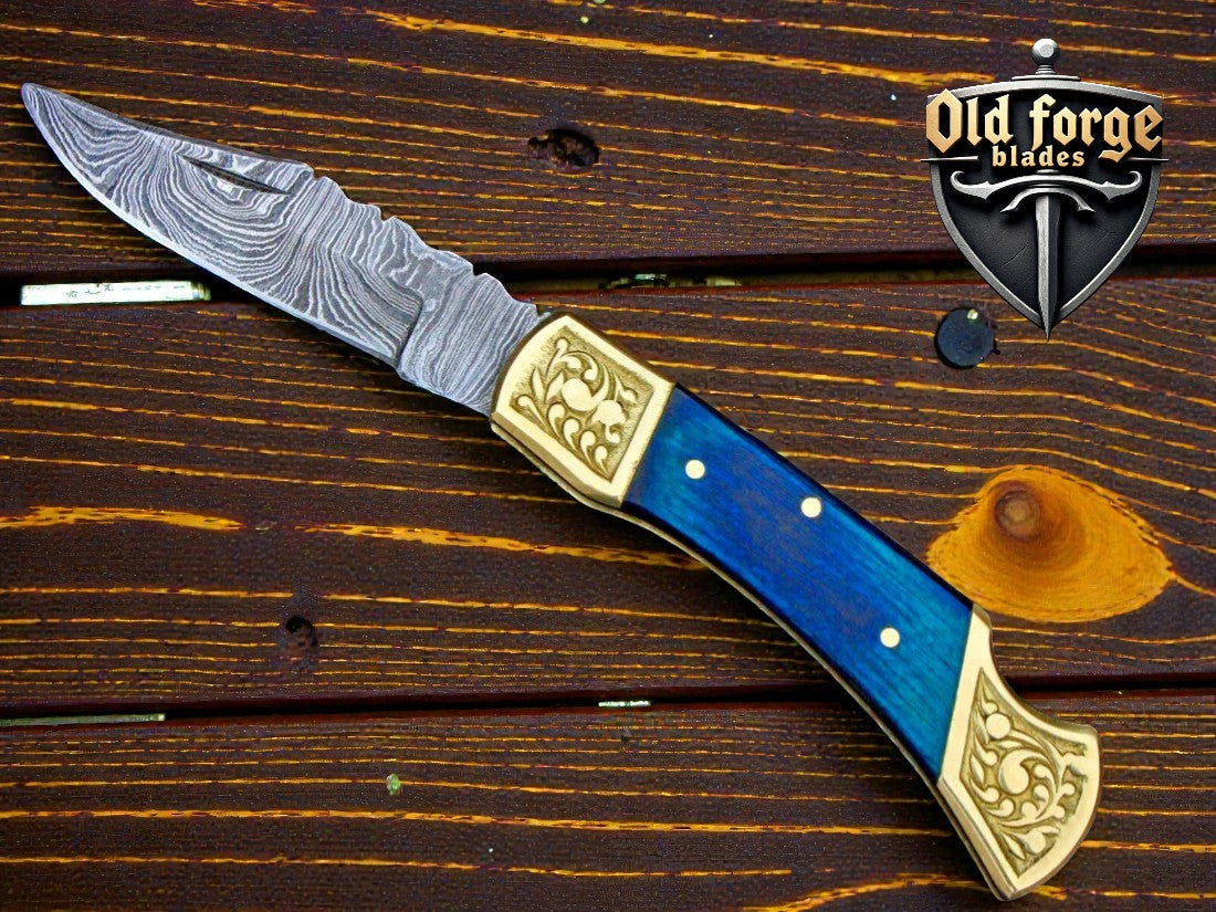 Premium Damascus Pocket Knife – Blue Pakka Wood Handle OLD FORGE BLADES