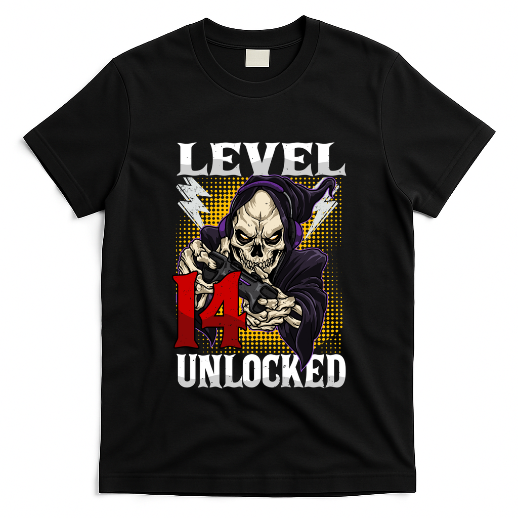 14th Birthday Gamer Skeleton Level 14 Unlocked Gaming Gift T-Shirt Mood Vibes Tees - Express Your Mood, Wear Your Style