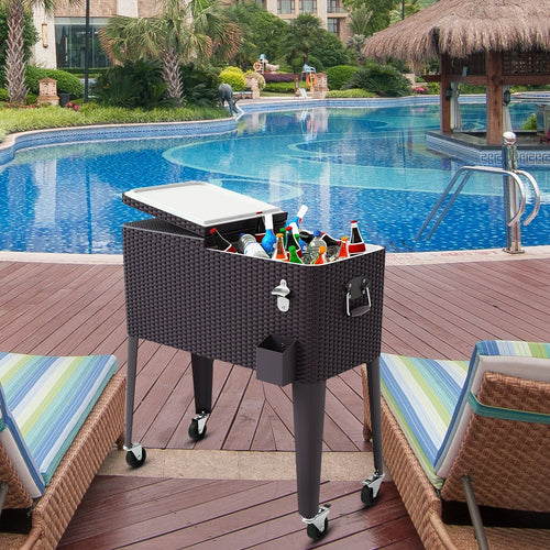 80QT Outdoor Party Portable Rattan Rolling Cooler Cart GemGear
