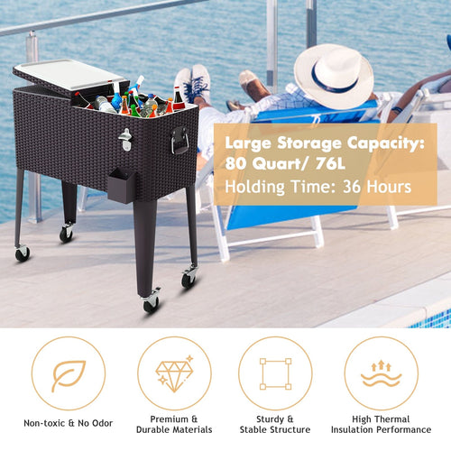 80QT Outdoor Party Portable Rattan Rolling Cooler Cart GemGear