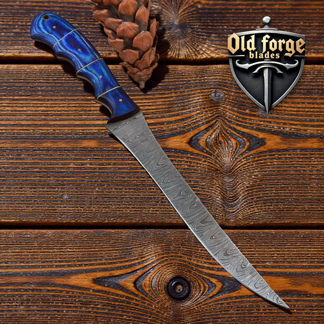 Custom Handmade Damascus Fillet Knife – 7” Blade, Exotic Wood Handle, Leather Case OLD FORGE BLADES