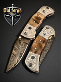 Handmade Damascus Pocket Knife Engraved – Sheep Horn Handle OLD FORGE BLADES