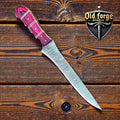 Professional 12” Custom Handmade Damascus Fillet Knife – 7” Blade with Exotic Red Wood Handle & Leather Case OLD FORGE BLADES