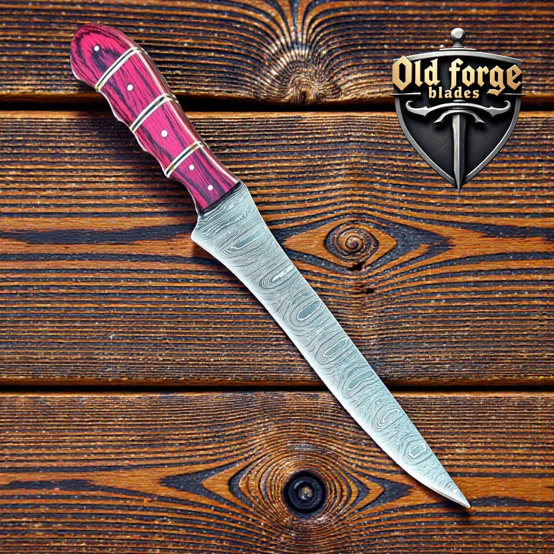 Professional 12” Custom Handmade Damascus Fillet Knife – 7” Blade with Exotic Red Wood Handle & Leather Case OLD FORGE BLADES