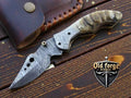Premium Damascus Pocket Knife – Watered Steel Blade & Horn Handle OLD FORGE BLADES