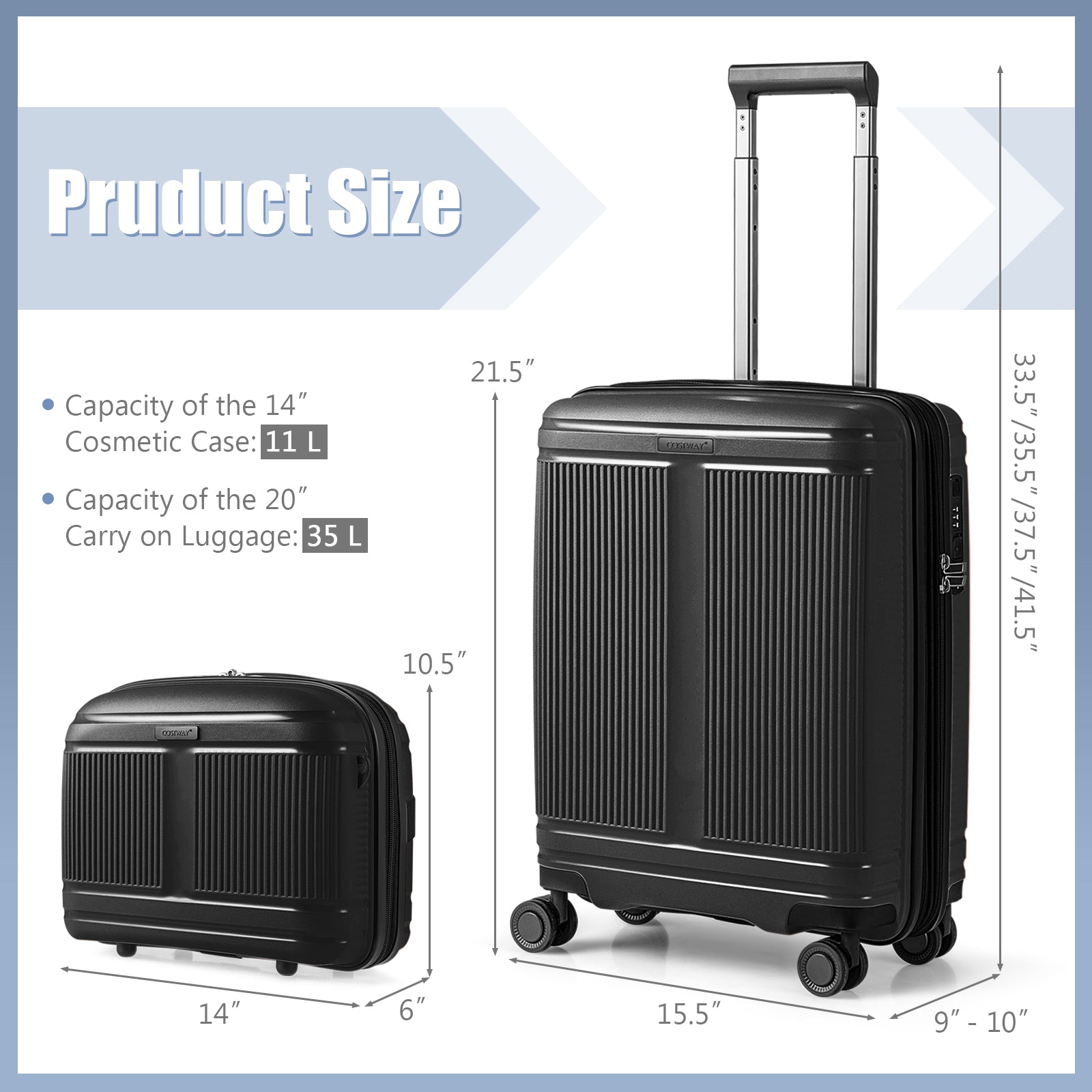 2-Piece Luggage Set 20 Inch Carry-on Suitcase and 14 Inch Cosmetic Case