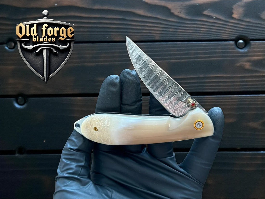 Handmade Damascus Foldable Pocket Knife with Bone Handle OLD FORGE BLADES