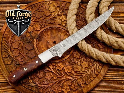 Custom Handmade Damascus Fillet Knife – 8” Blade, Rosewood Handle, Leather Case OLD FORGE BLADES