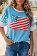 Light Blue Flag Print Patchwork Colorblock July 4th T Shirt I am a Fashion Junky