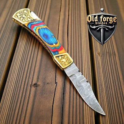 Premium Damascus Steel Pocket Knife – Handmade Brass & Wood Handle OLD FORGE BLADES