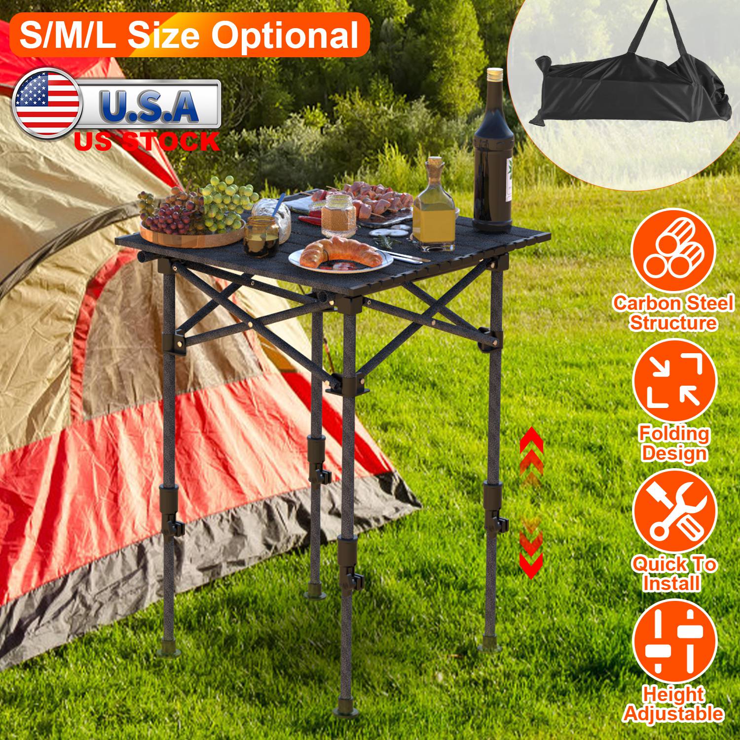 Portable Folding Camping Table With Adjustable Height Hanging Net Rustproof Carbon Steel Foldable Roll-Up Camping Table for Picnic Camping Hiking Beac