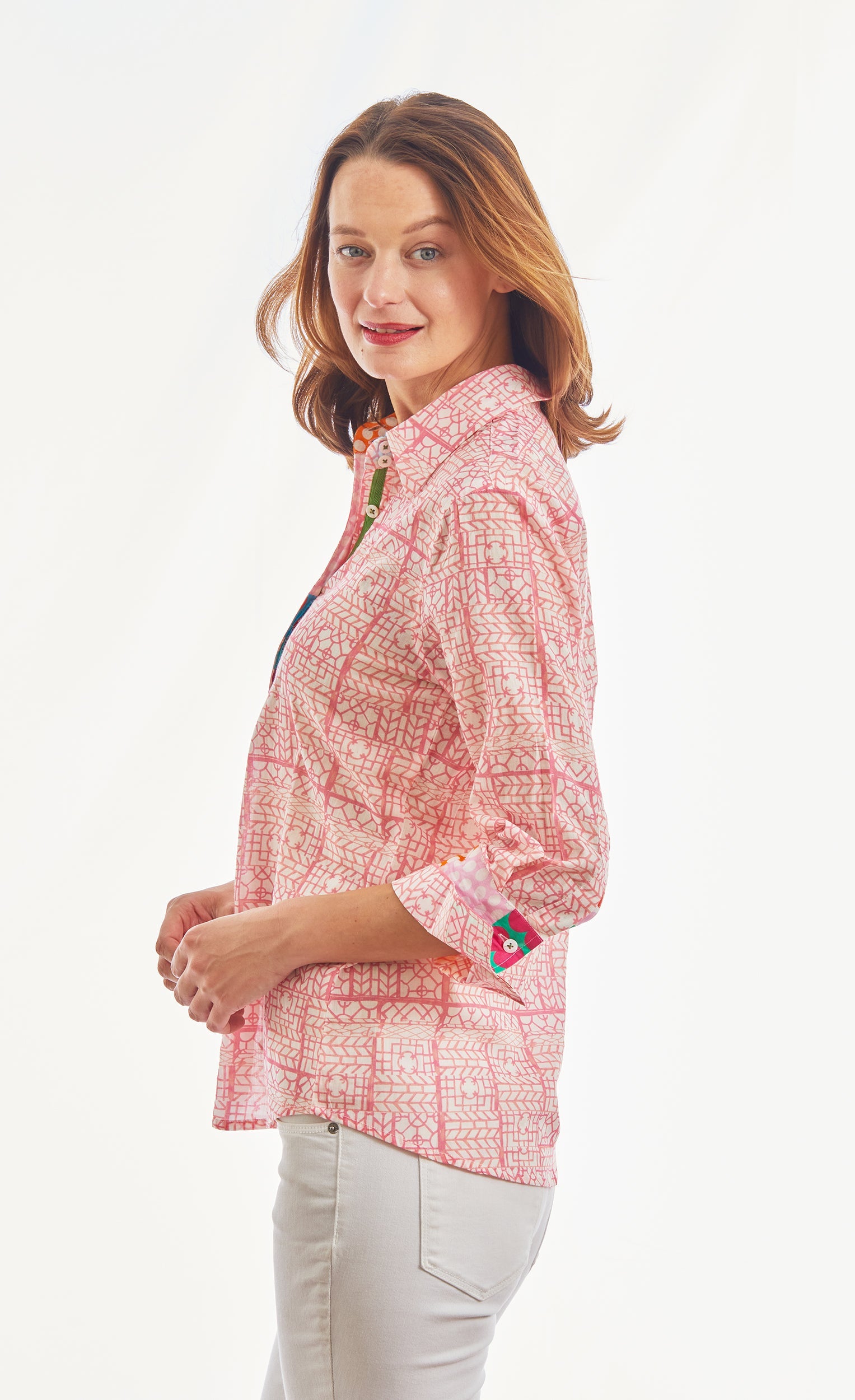 3/4 Sleeve Pink Tiny Geometric Print Voile