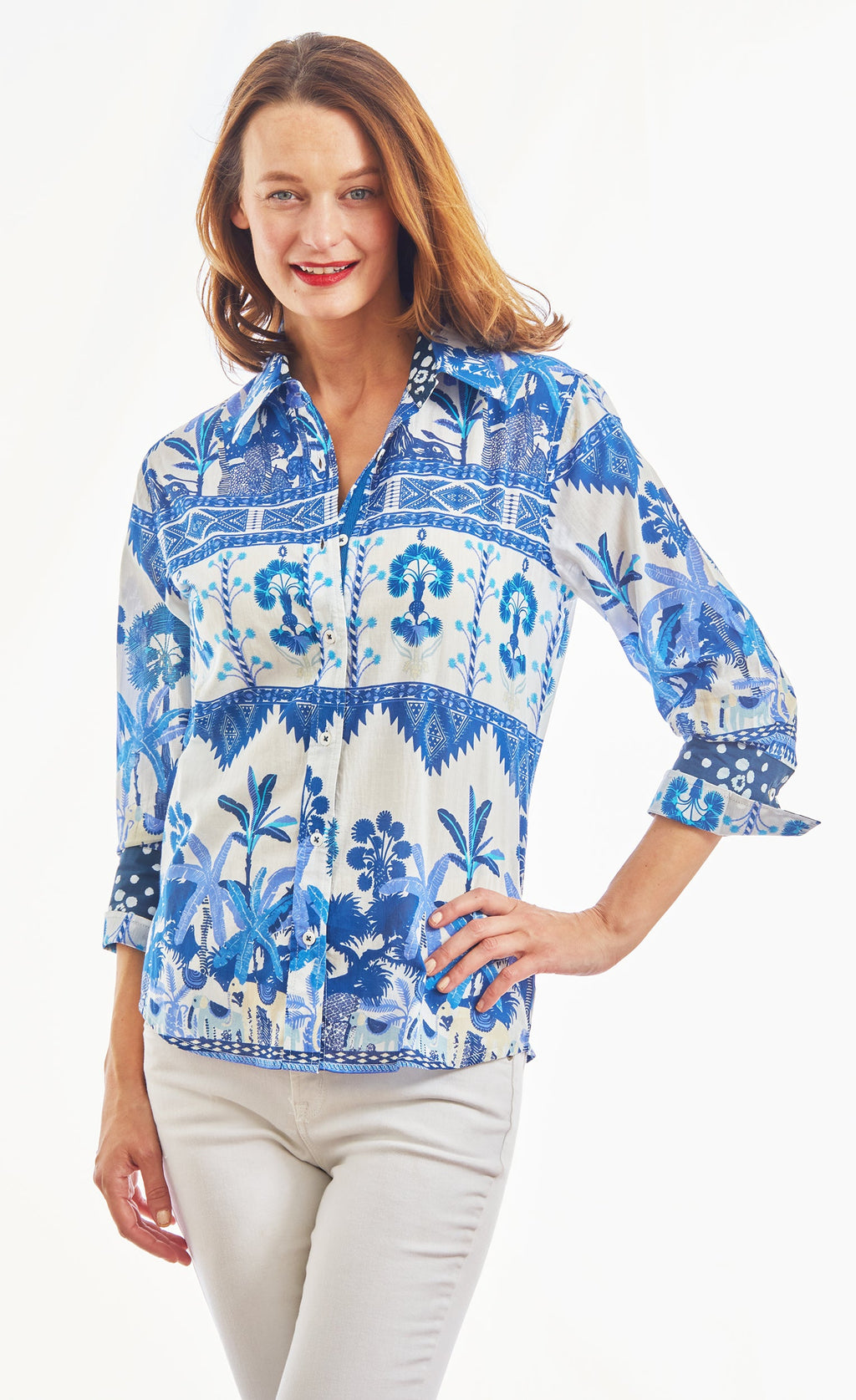 3/4 Sleeve Ikat With Elephant Print Blues And White