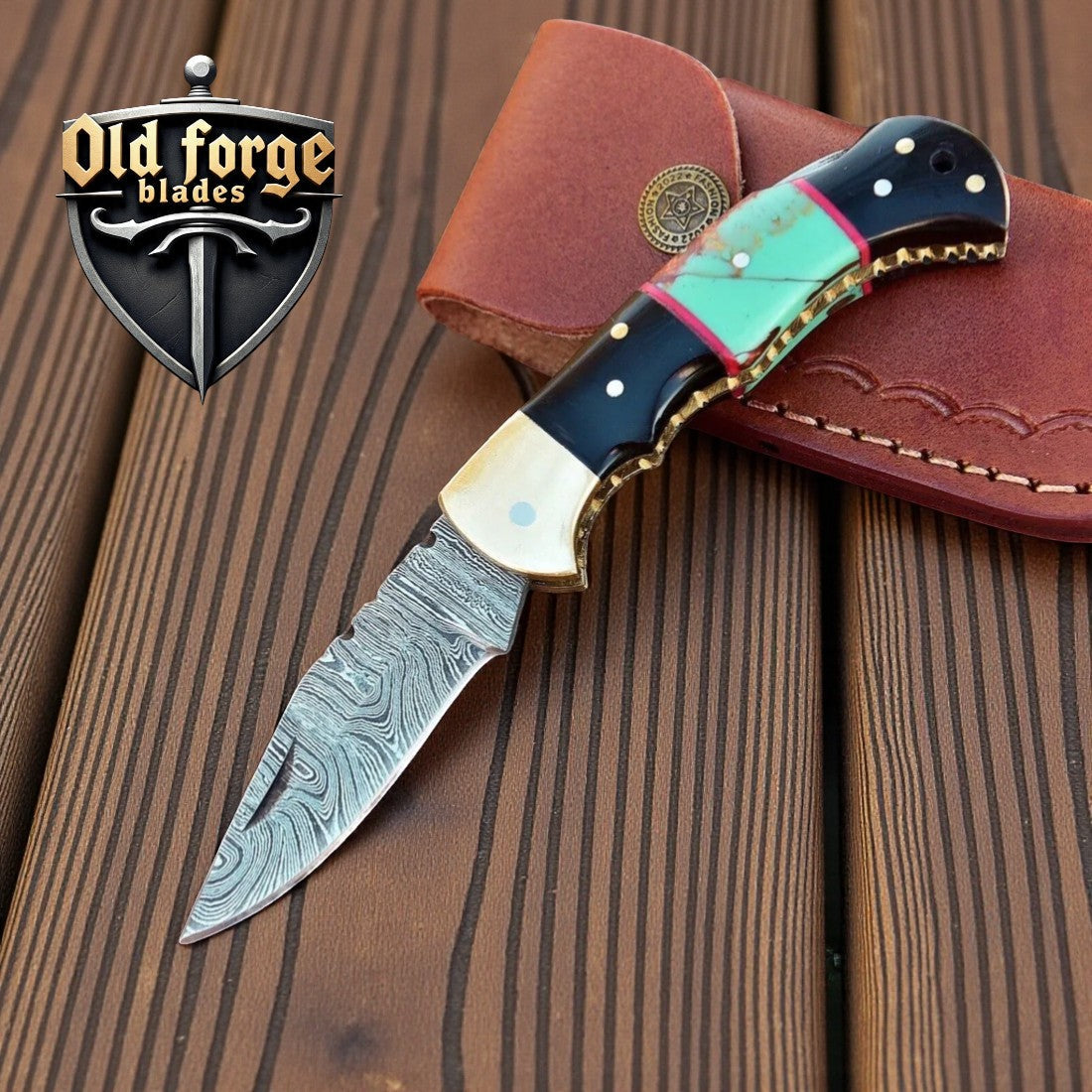 Handmade Craftsman Pocket Knife – 3" Damascus Steel Blade, Horn & Turquoise Handle OLD FORGE BLADES