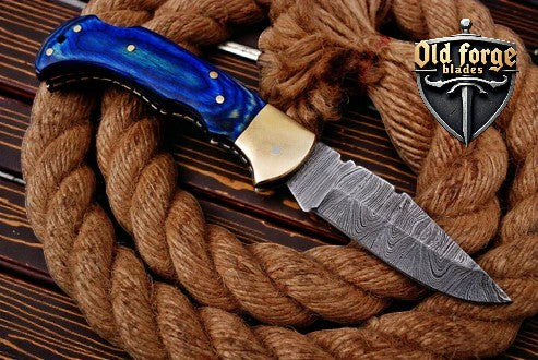 Handmade Damascus Pocket Knife with Pakka Wood Handle OLD FORGE BLADES