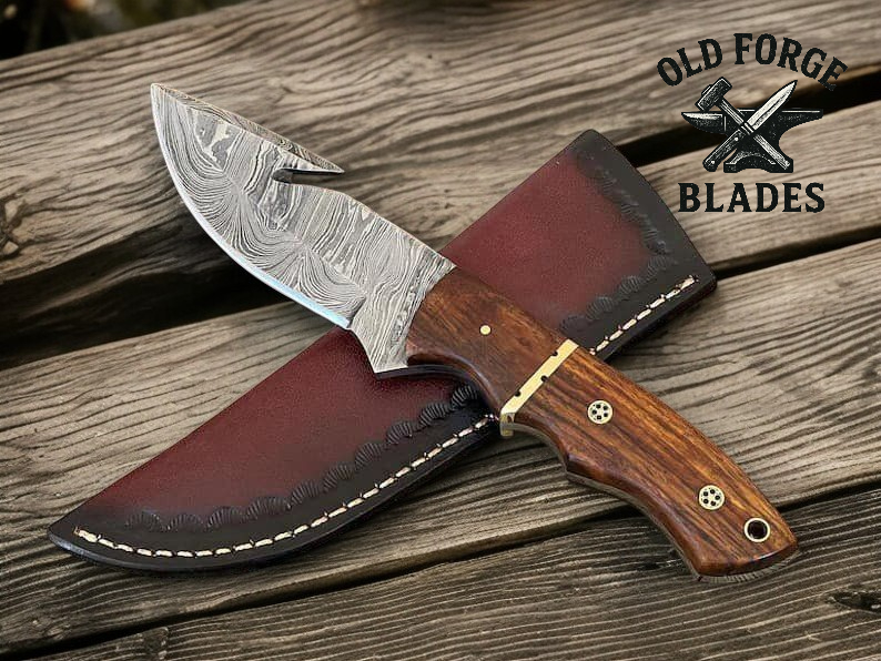 Custom Handmade Damascus Metal Knife – Gut Hook OLD FORGE BLADES