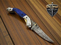 USA Made Damascus Steel Pocket Knife – Blue Resin Handle OLD FORGE BLADES
