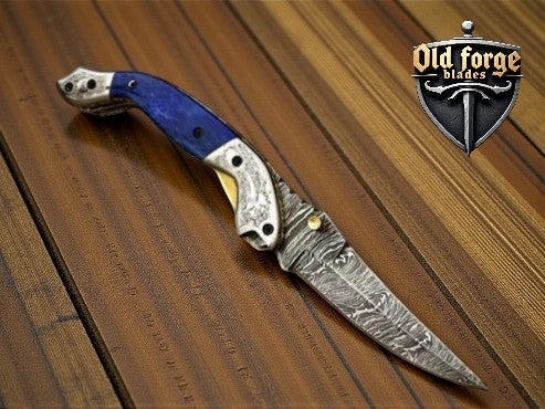 USA Made Damascus Steel Pocket Knife – Blue Resin Handle OLD FORGE BLADES