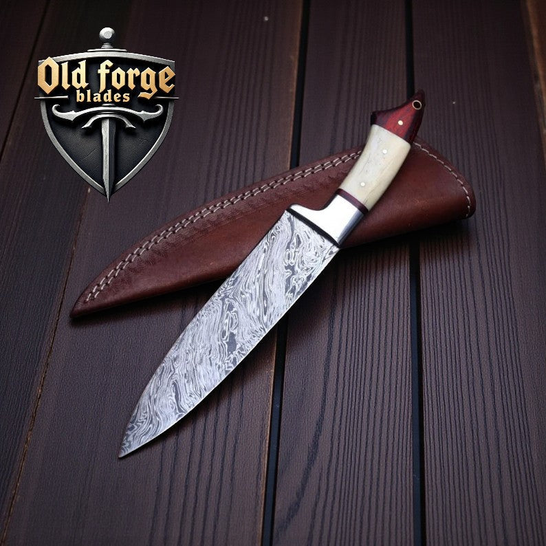 Handmade 8 Inch Damascus Chef Knife – Wood & Bone Handle Kitchen Blade OLD FORGE BLADES