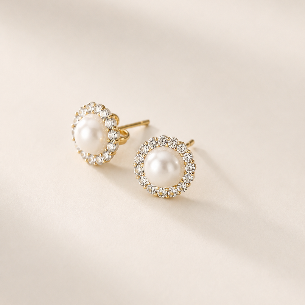 Diamond Pearl Stud Earrings Ostella Shells
