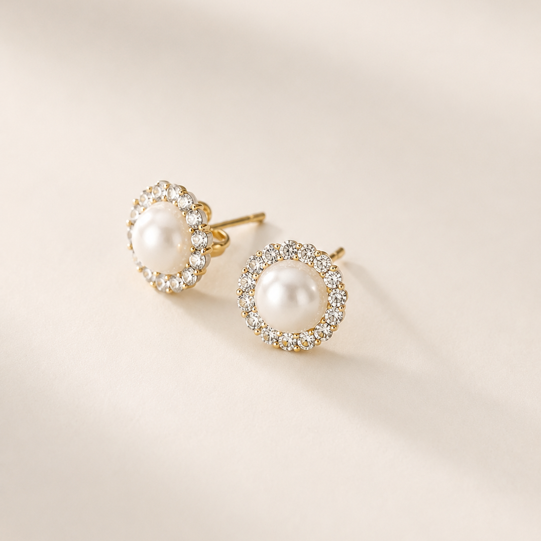 Diamond Pearl Stud Earrings Ostella Shells