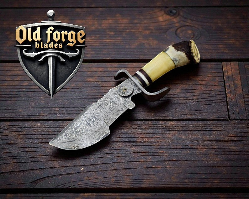 Custom Handmade Forged Damascus Knife – Stag & Bone Handle OLD FORGE BLADES