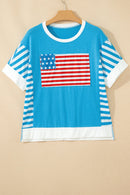 Light Blue Flag Print Patchwork Colorblock July 4th T Shirt I am a Fashion Junky