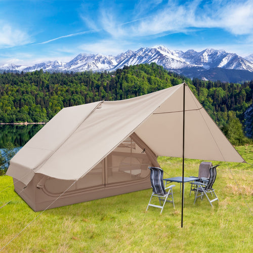 4-6 People Inflatable Camping Tent with Porch and Carrying Bag-Beige GemGear