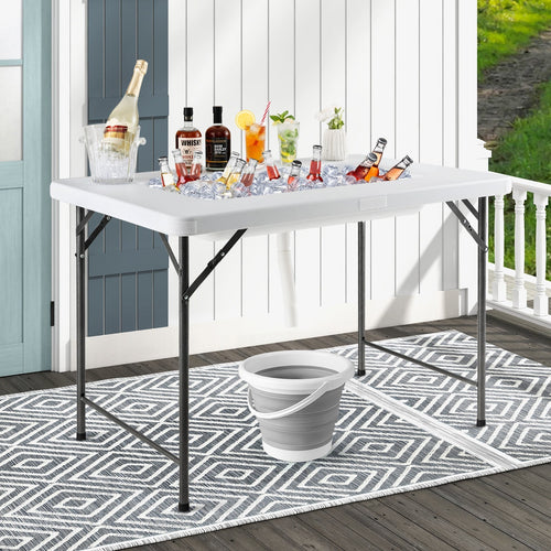 4 Feet Folding Ice Bin Table with Skirt for Camping Picnic Wedding with Ice Bucket-White GemGear