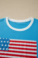 Light Blue Flag Print Patchwork Colorblock July 4th T Shirt I am a Fashion Junky