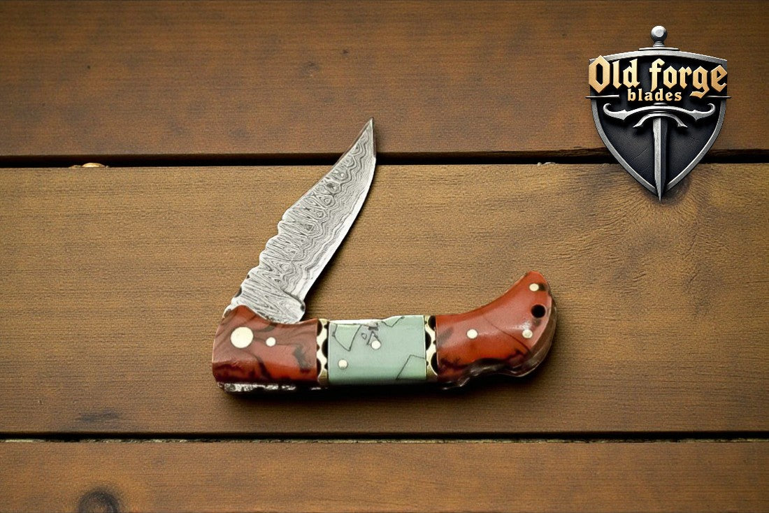 Premium Damascus Steel Pocket Knife – Epoxy Resin Handle Back Lock OLD FORGE BLADES