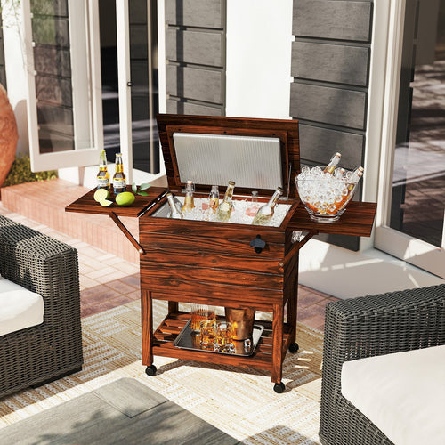 54 Quart Wooden Cooler Cart for Patio Rolling Ice Chest with Shelves-Brown GemGear
