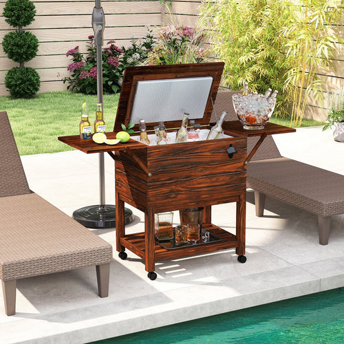 54 Quart Wooden Cooler Cart for Patio Rolling Ice Chest with Shelves-Brown GemGear