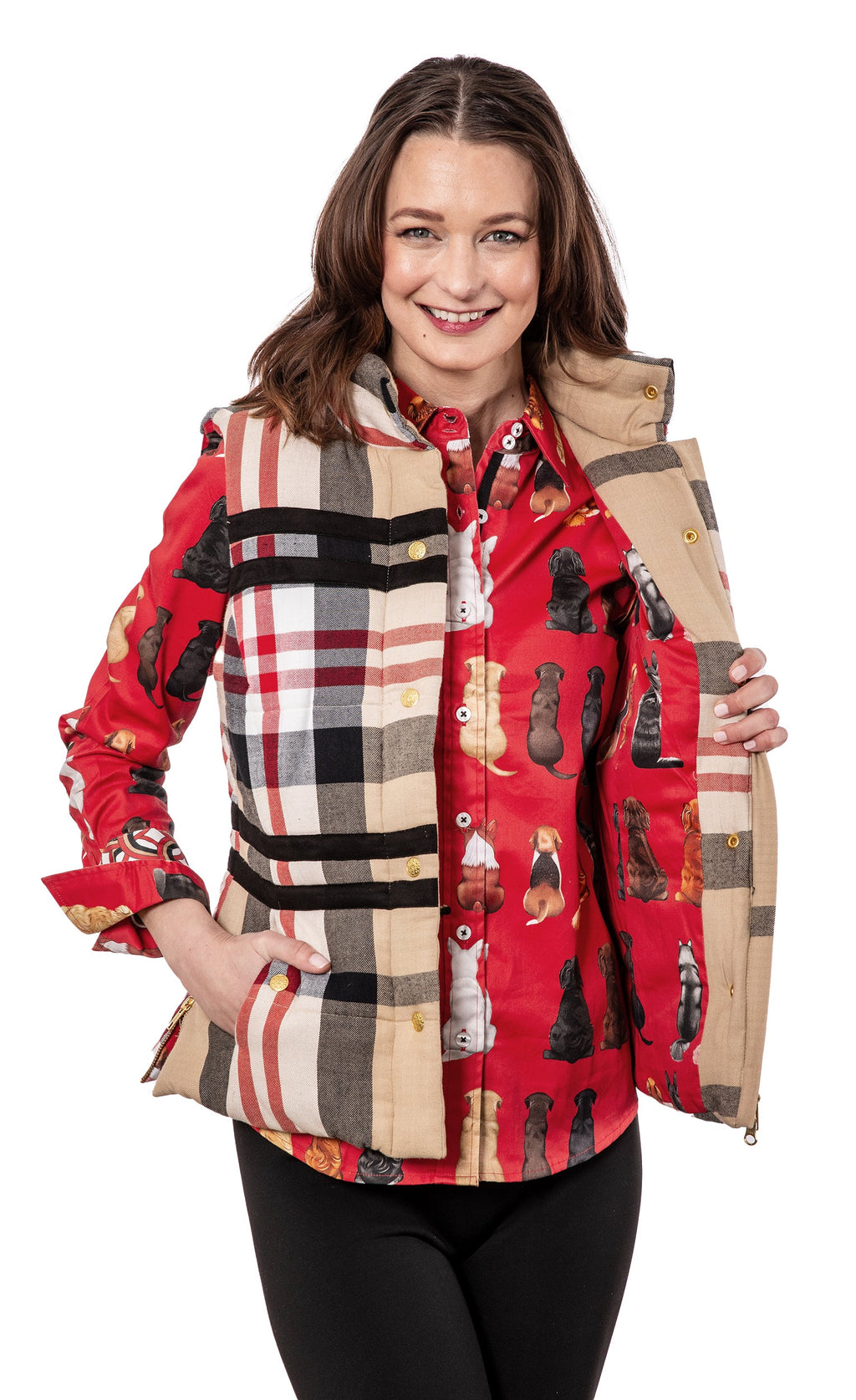 Rosey Vest Khaki Red Yarndyed Flannel