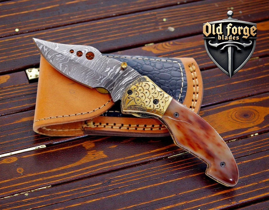 Unique Damascus Steel Pocket Knife – Colored Bone Handle OLD FORGE BLADES