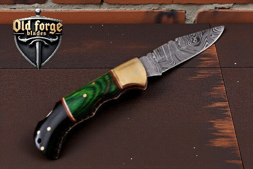 Handmade Damascus Pocket Knife, 3" Blade & Hardwood Handle OLD FORGE BLADES