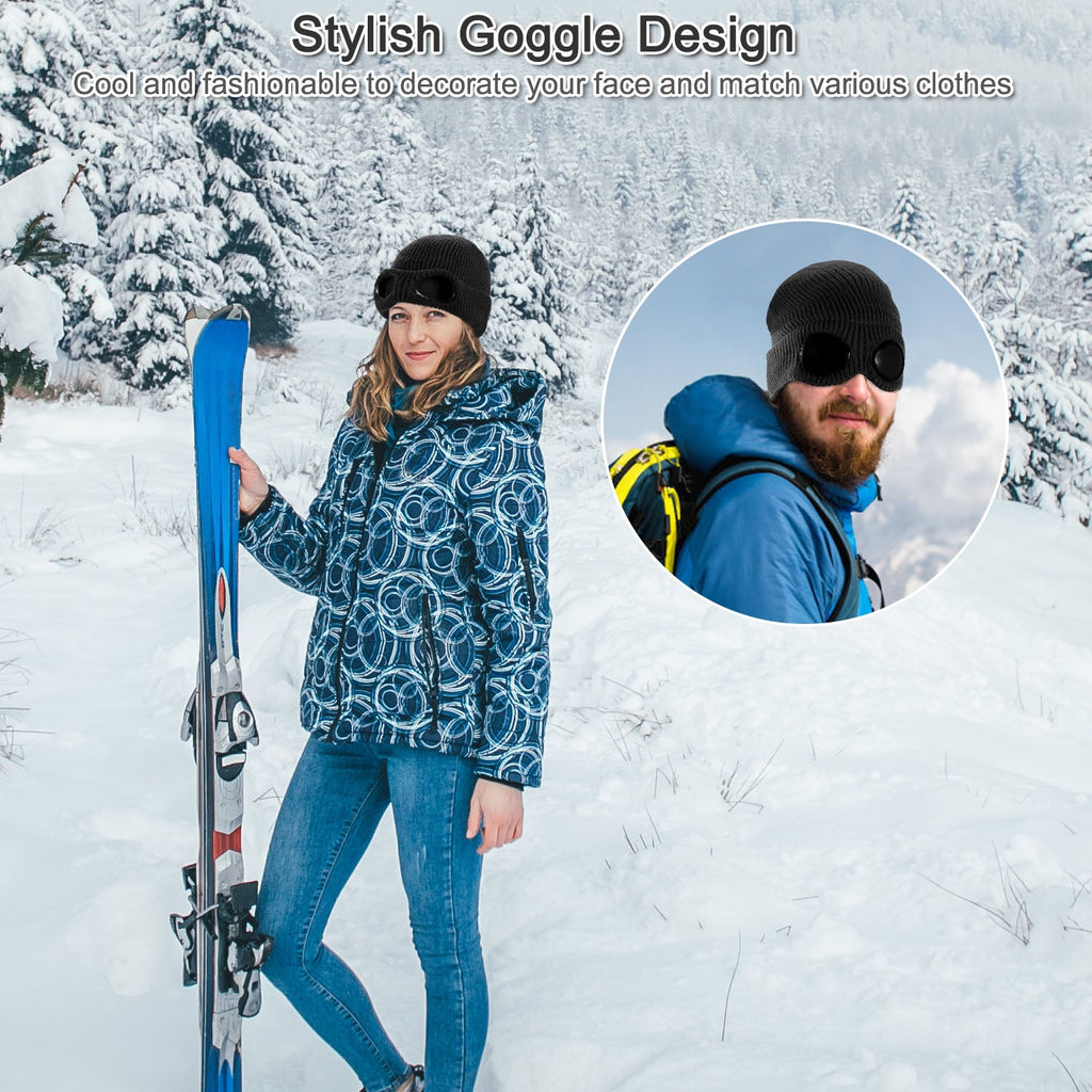 Unisex Knit Beanie Hat with Goggle Chunky Winter Warm Hat Skull Cap 4 Colors