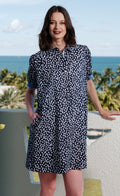 Left Bank Puff Sleeve Dress Navy White Polka Dots