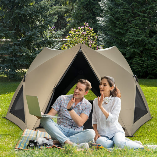 6-Sided Pop-up Family Tent with Rainfly Skylight 3 Doors 3 Windows-Green GemGear