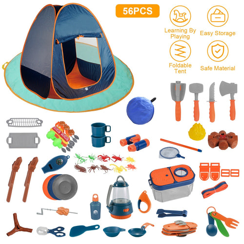 56Pcs Kids Camping Toy Set With Playtent Pretend Oil Lamp Telescope Bonfire Compass Role Play Camping Set For Over 3 Years Old Boy Girl Toddlers Campi