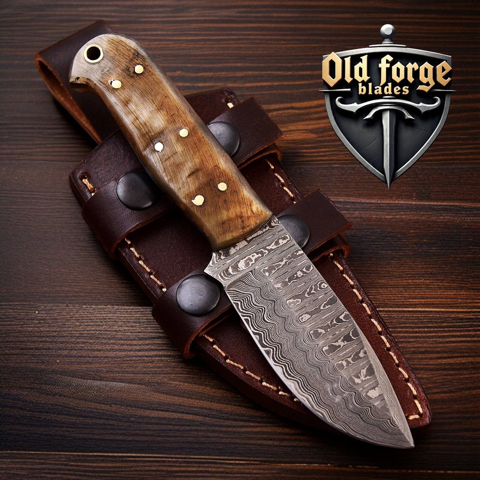 Damascus Knife Hunting Skinning Knife with Ram Horn Handle OLD FORGE BLADES