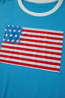 Light Blue Flag Print Patchwork Colorblock July 4th T Shirt I am a Fashion Junky