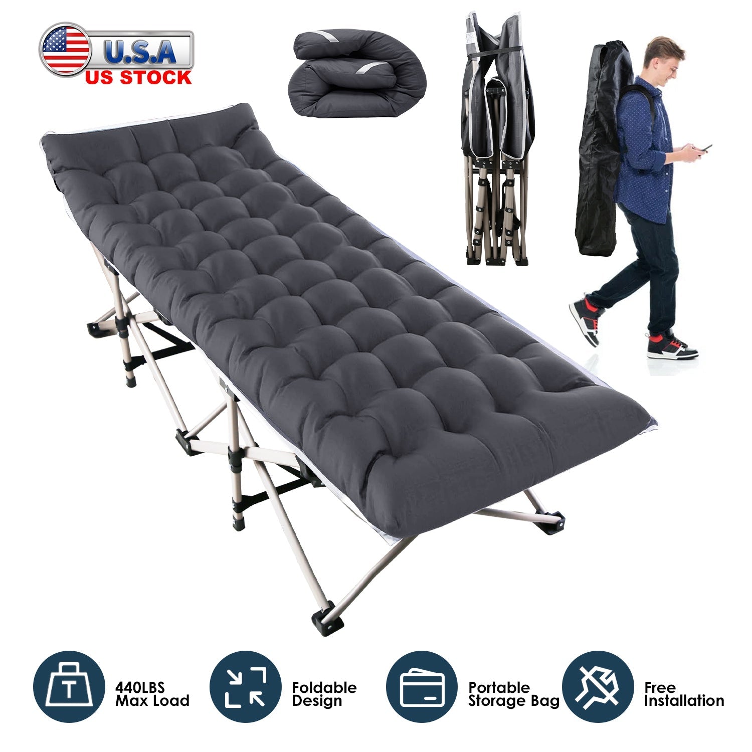 Folding Camping Cot Portable Sleeping Camping Bed Collapsible Travel Camp Cots Guest Bed Cot with 2-Sided Soft Pad 440LBS Max Load