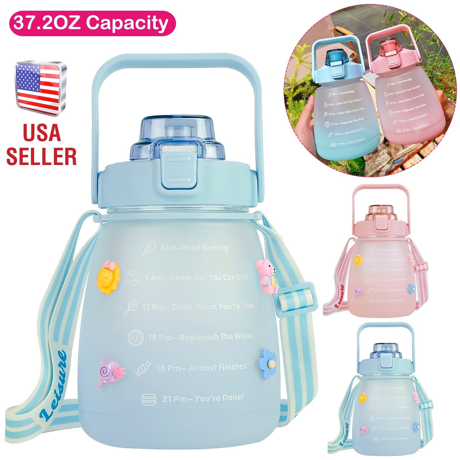 Kawaii Water Bottle with Straw 37.2oz Large Capacity Portable Sports Bottle with Cute Three-Dimensional Stickers