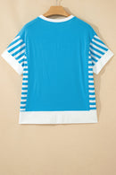 Light Blue Flag Print Patchwork Colorblock July 4th T Shirt I am a Fashion Junky